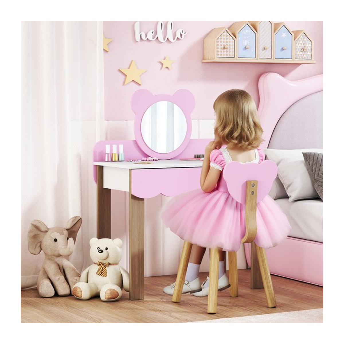 AIYAPLAY Kinder Schminktisch Set mit Spiegel und Hocker in Rosa - Bild 1