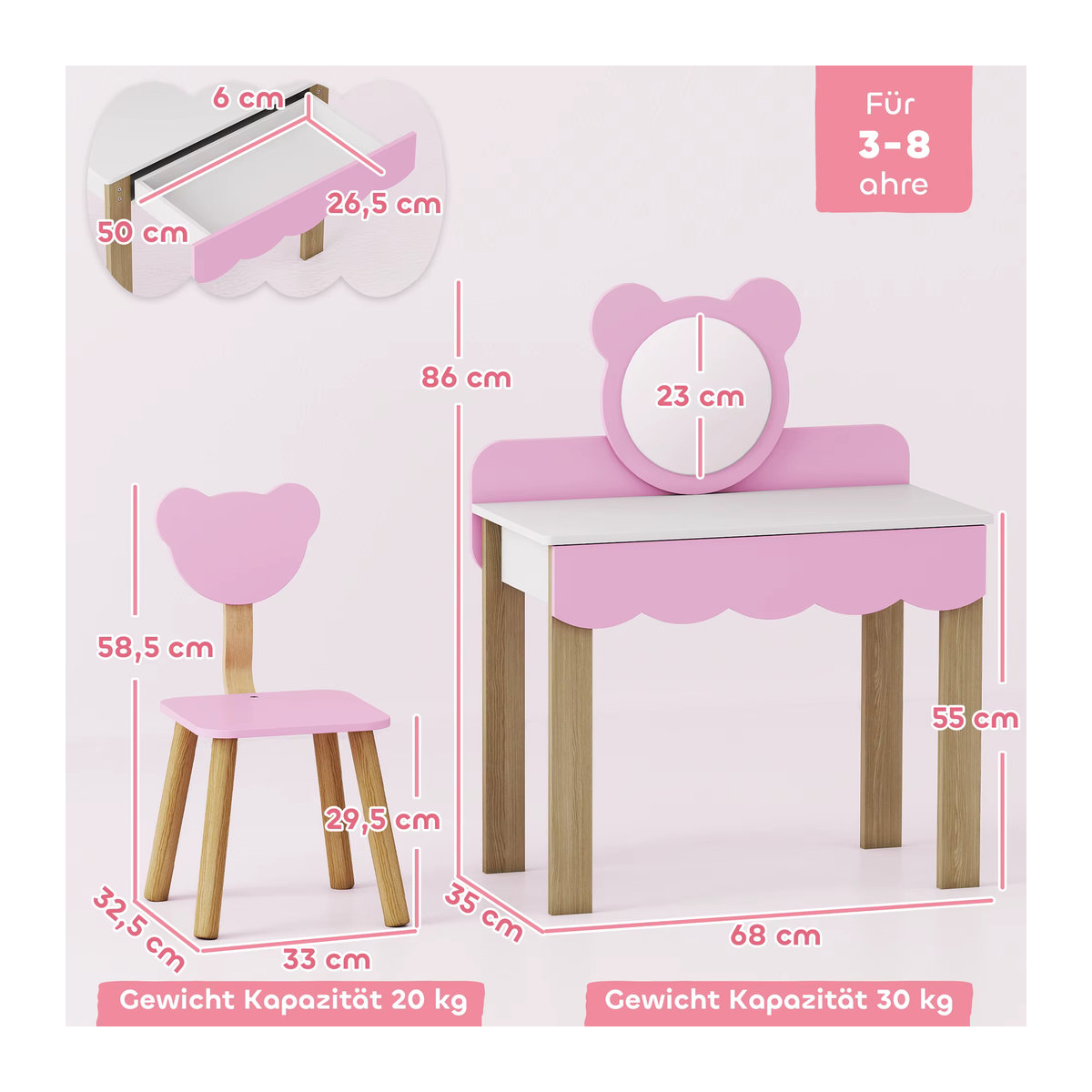 AIYAPLAY Kinder Schminktisch Set mit Spiegel und Hocker in Rosa - Bild 3