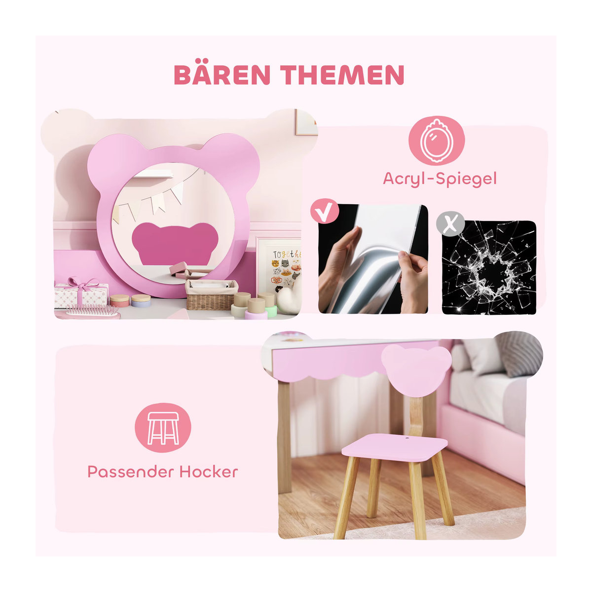 AIYAPLAY Kinder Schminktisch Set mit Spiegel und Hocker in Rosa - Bild 4
