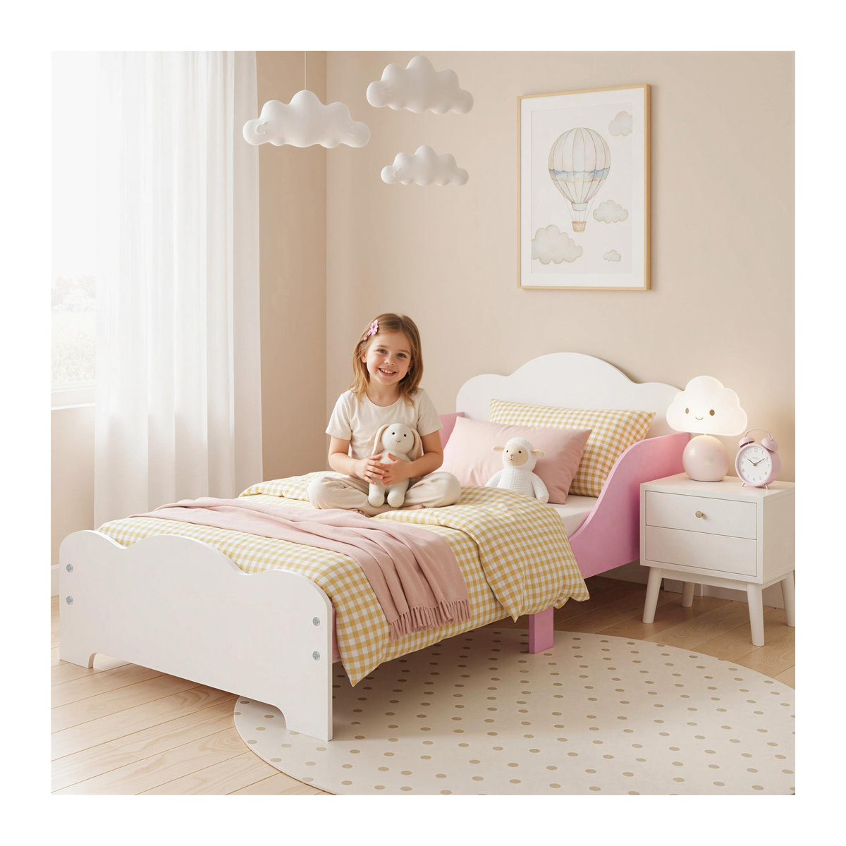 AIYAPLAY Kinderbett mit Rausfallschutz und Lattenrost aus Holzwerkstoff, Rosa, B: 140 cm, Aosom - Bild 2