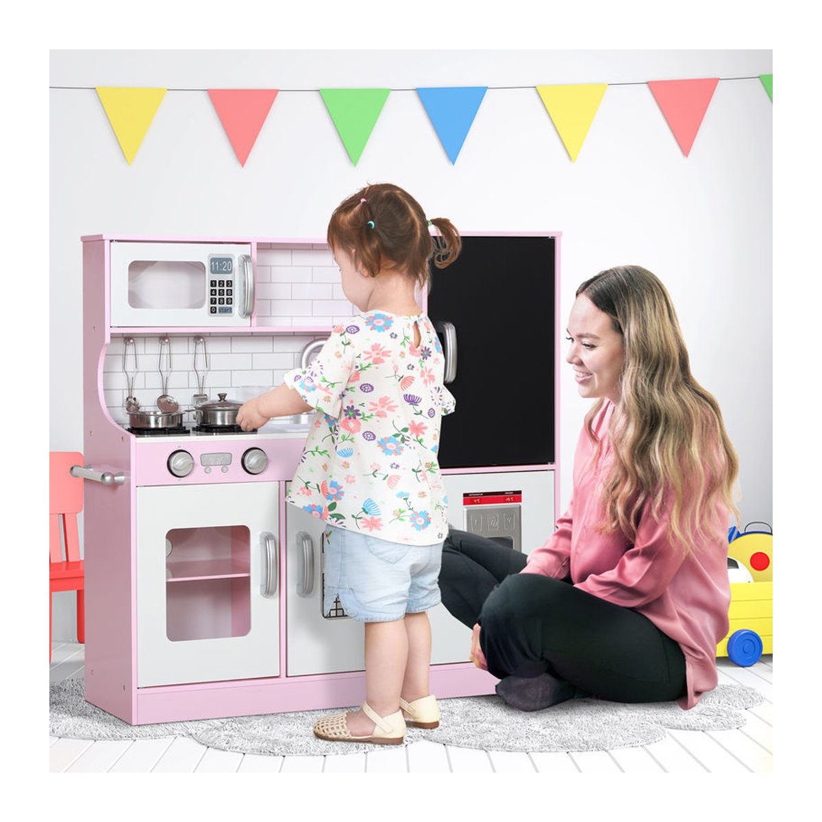 AIYAPLAY Kinderküche Spielküche mit Zubehör und Kreidetafel in Rosa, B/H/T: 26,8 x 81 x 83,8 cm - Bild 2