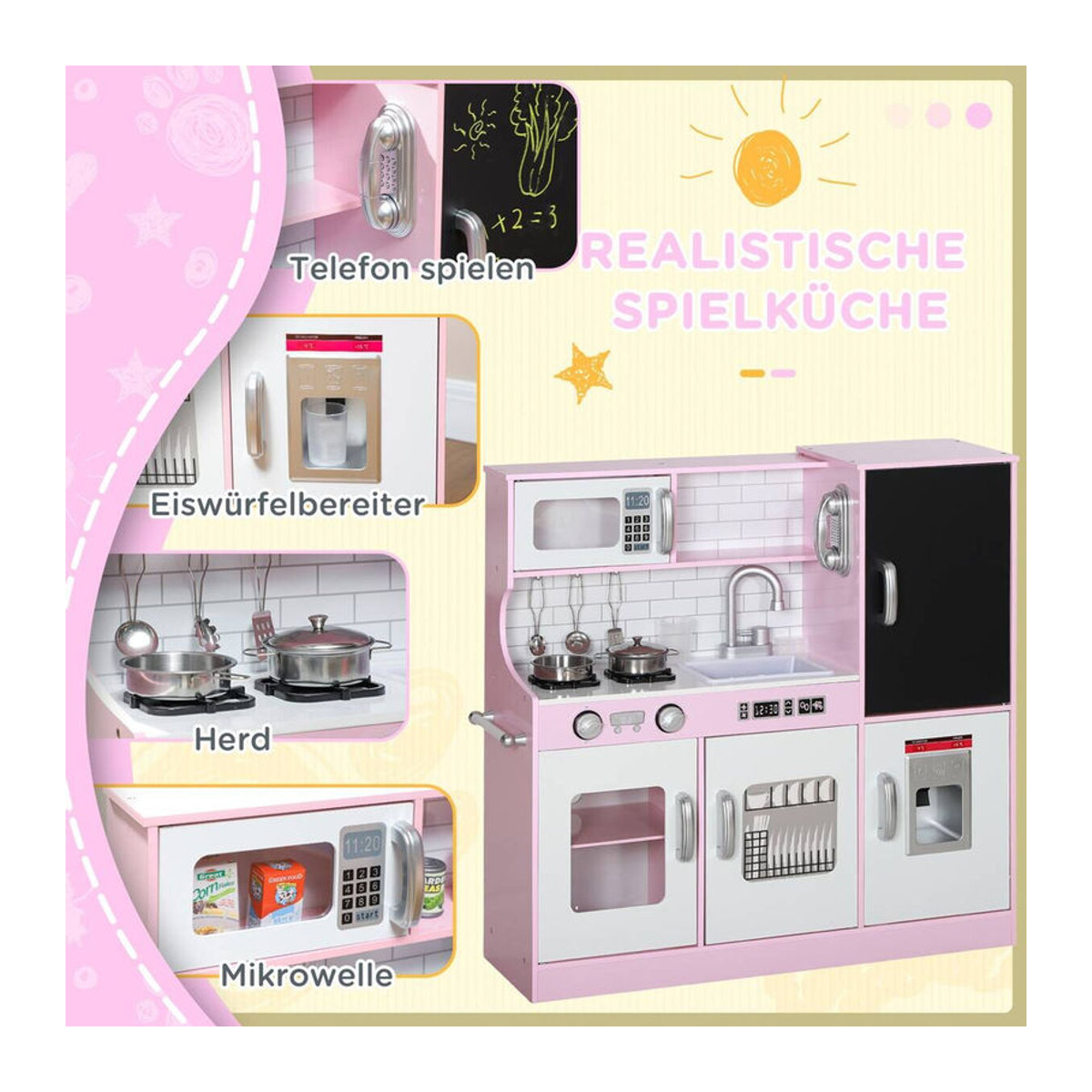 AIYAPLAY Kinderküche Spielküche mit Zubehör und Kreidetafel in Rosa, B/H/T: 26,8 x 81 x 83,8 cm - Bild 3