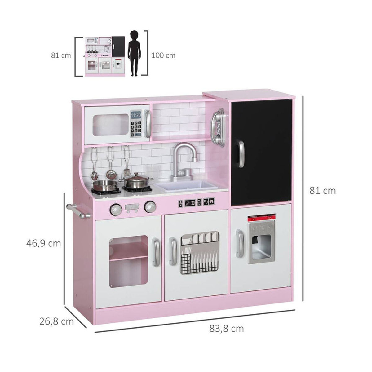 AIYAPLAY Kinderküche Spielküche mit Zubehör und Kreidetafel in Rosa, B/H/T: 26,8 x 81 x 83,8 cm - Bild 4
