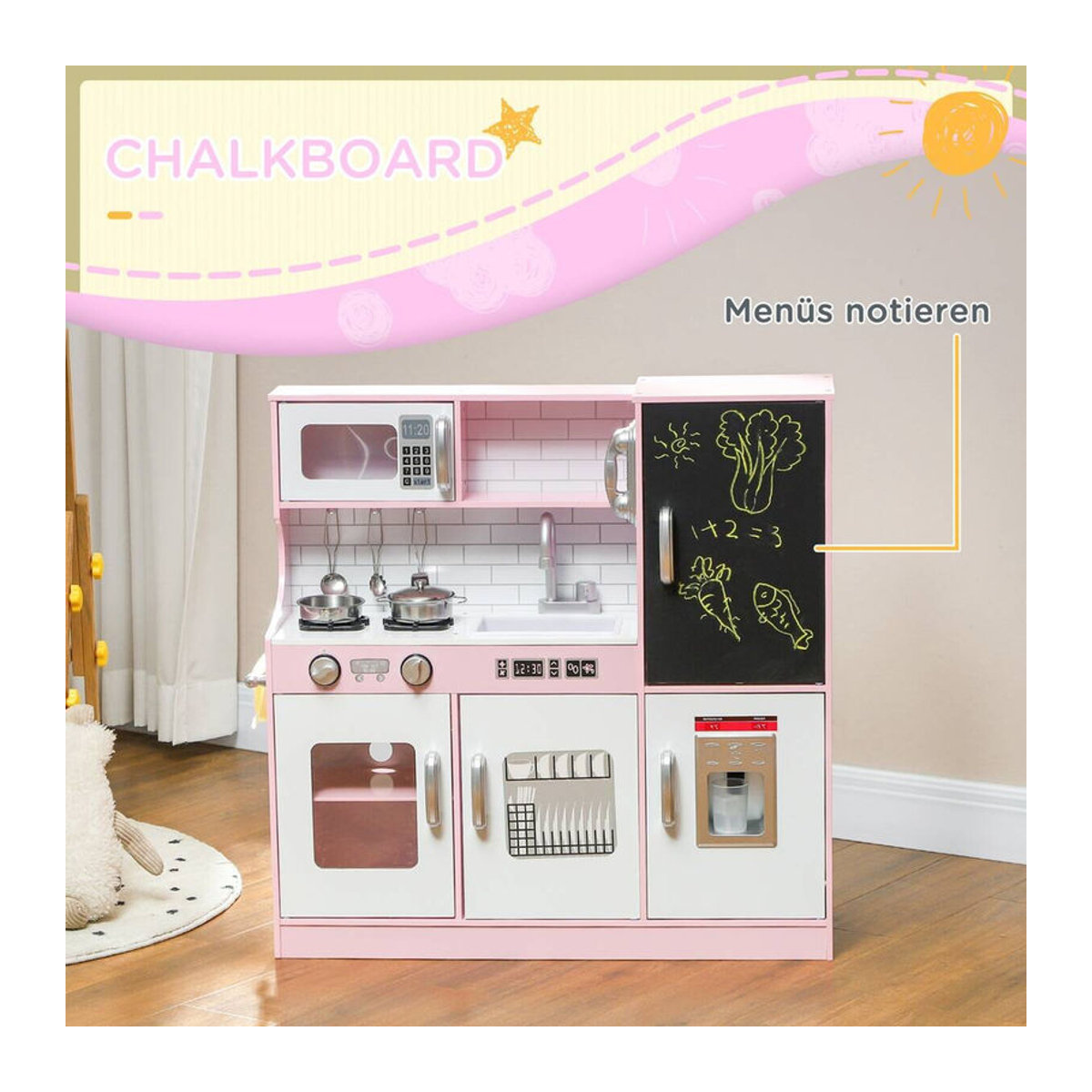 AIYAPLAY Kinderküche Spielküche mit Zubehör und Kreidetafel in Rosa, B/H/T: 26,8 x 81 x 83,8 cm - Bild 5