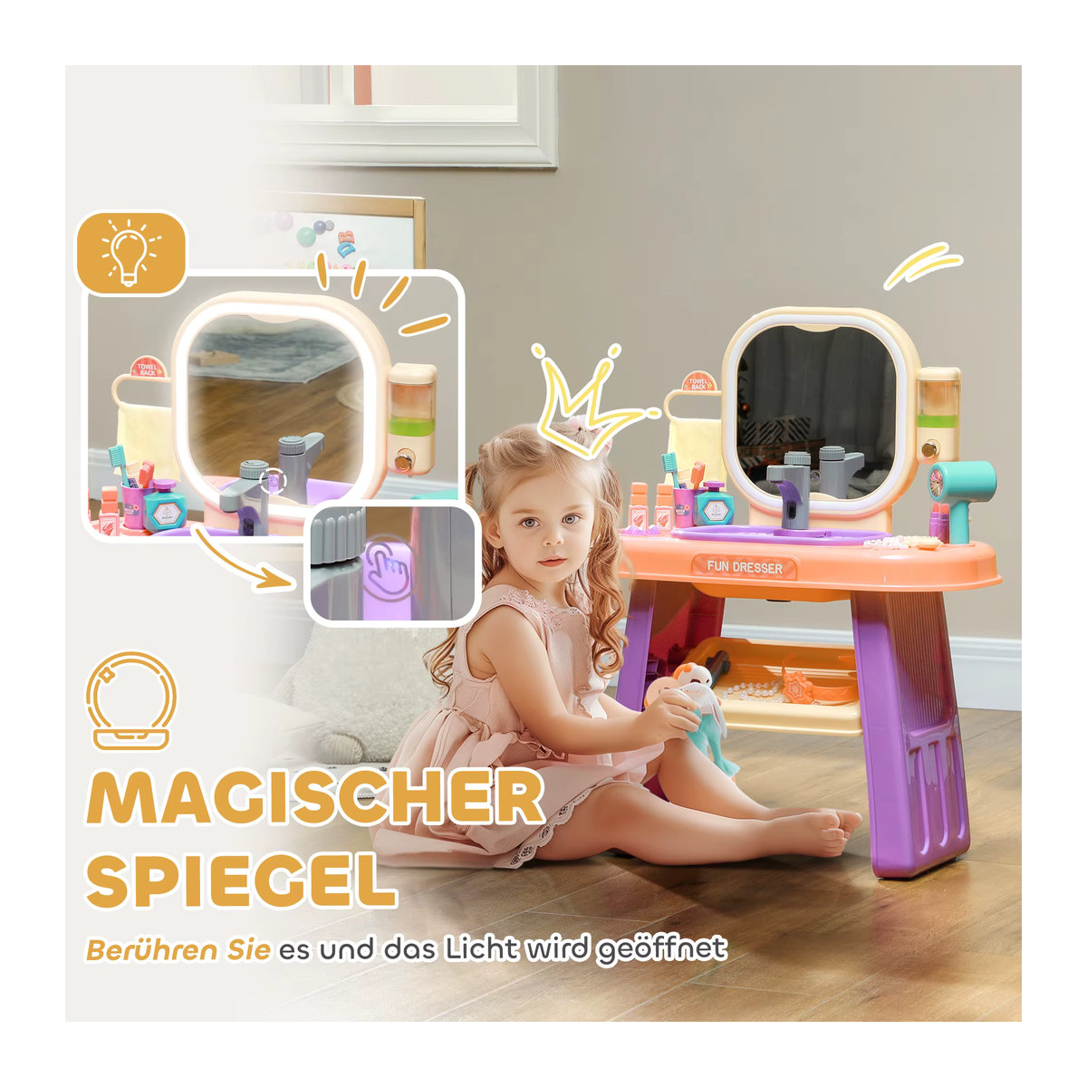 AIYAPLAY Schminktisch für Kinder mit Spiegel, LED-Licht und Musik in Lila - Bild 4