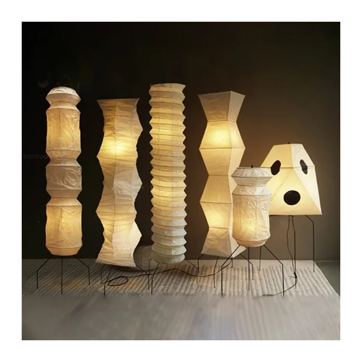Akari Noguchi Yong Stehlampe im Wabi-Sabi Design aus Reispapier in Weiß mit E27 Fassung - Bild 1