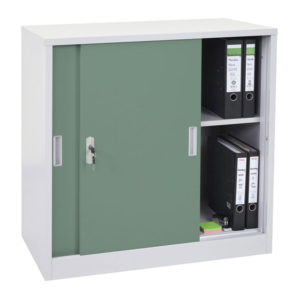 Aktenschrank Preston MCW-F41 aus Metall mit abschließbaren Schiebetüren, Grün, B/T/H: 90 x 45 x 90 cm - Bild 1