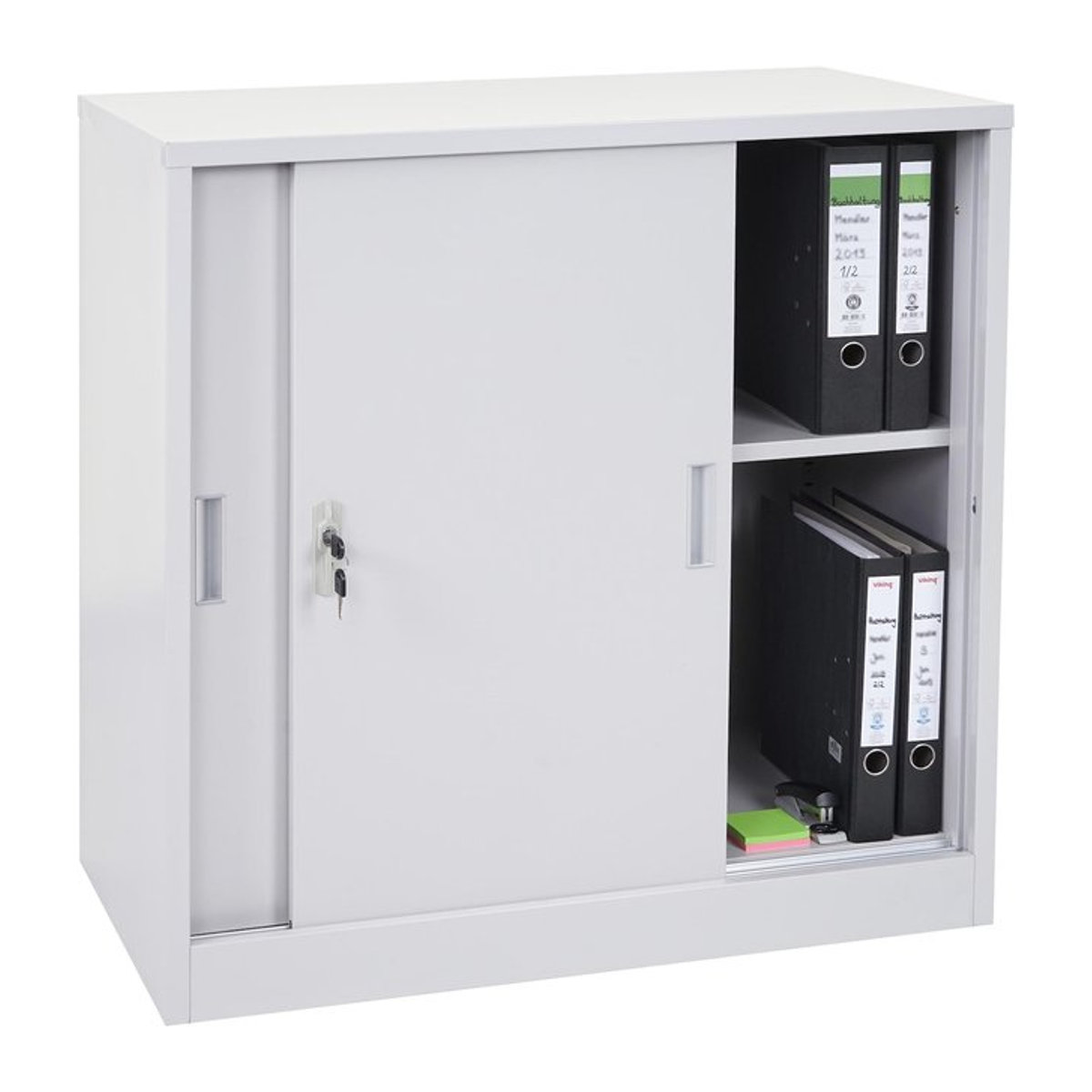Aktenschrank Preston MCW-F41 Stahlschrank Büroschrank mit abschließbaren Schiebetüren Grau B: 90 cm, T: 45 cm, H: 90 cm - Bild 1