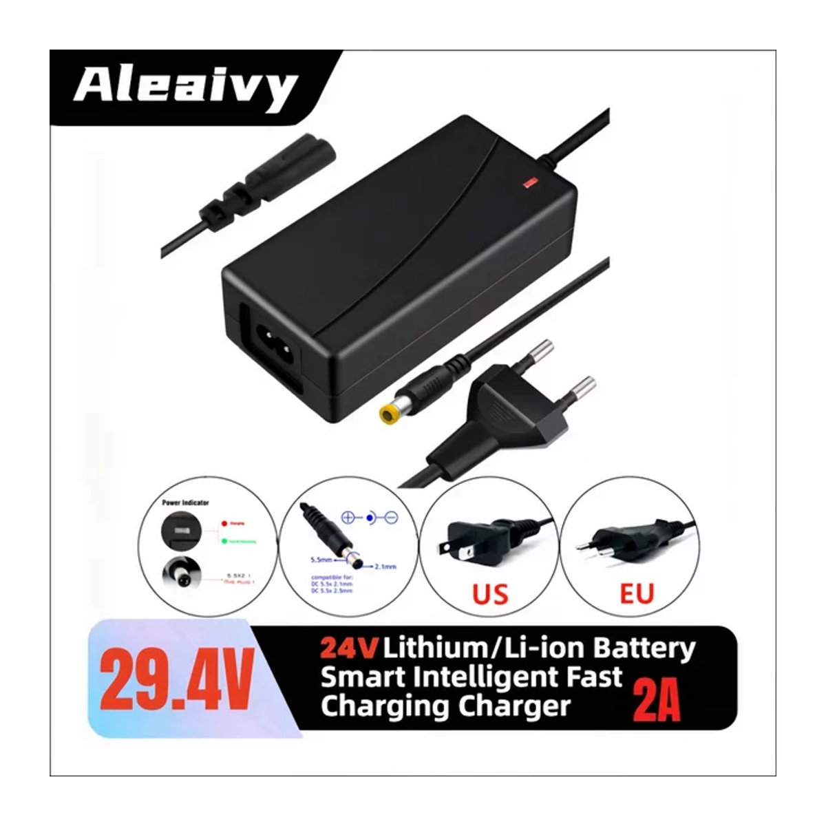 Aleaivy Smart Lithium Batterie Ladegerät 24V 2A mit 5,5x2,1mm DC Stecker für 29,4V 7S Hoverboard und Balance Rad, Schwarz - Bild 1