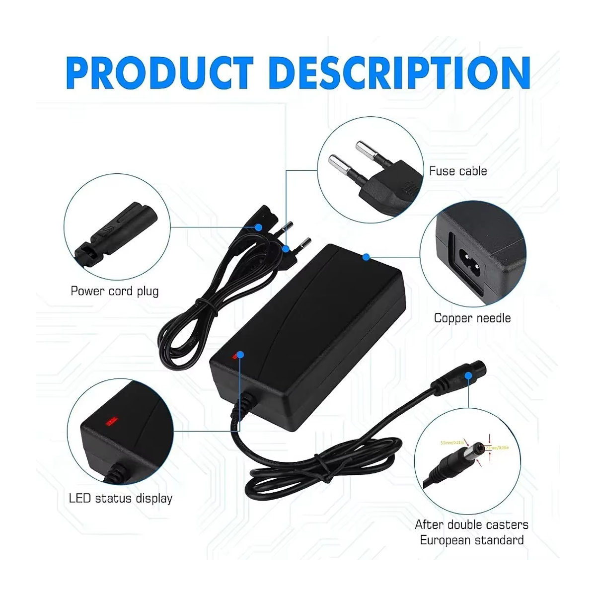 Aleaivy Smart Lithium Batterie Ladegerät 24V 2A mit 5,5x2,1mm DC Stecker für 29,4V 7S Hoverboard und Balance Rad, Schwarz - Bild 2