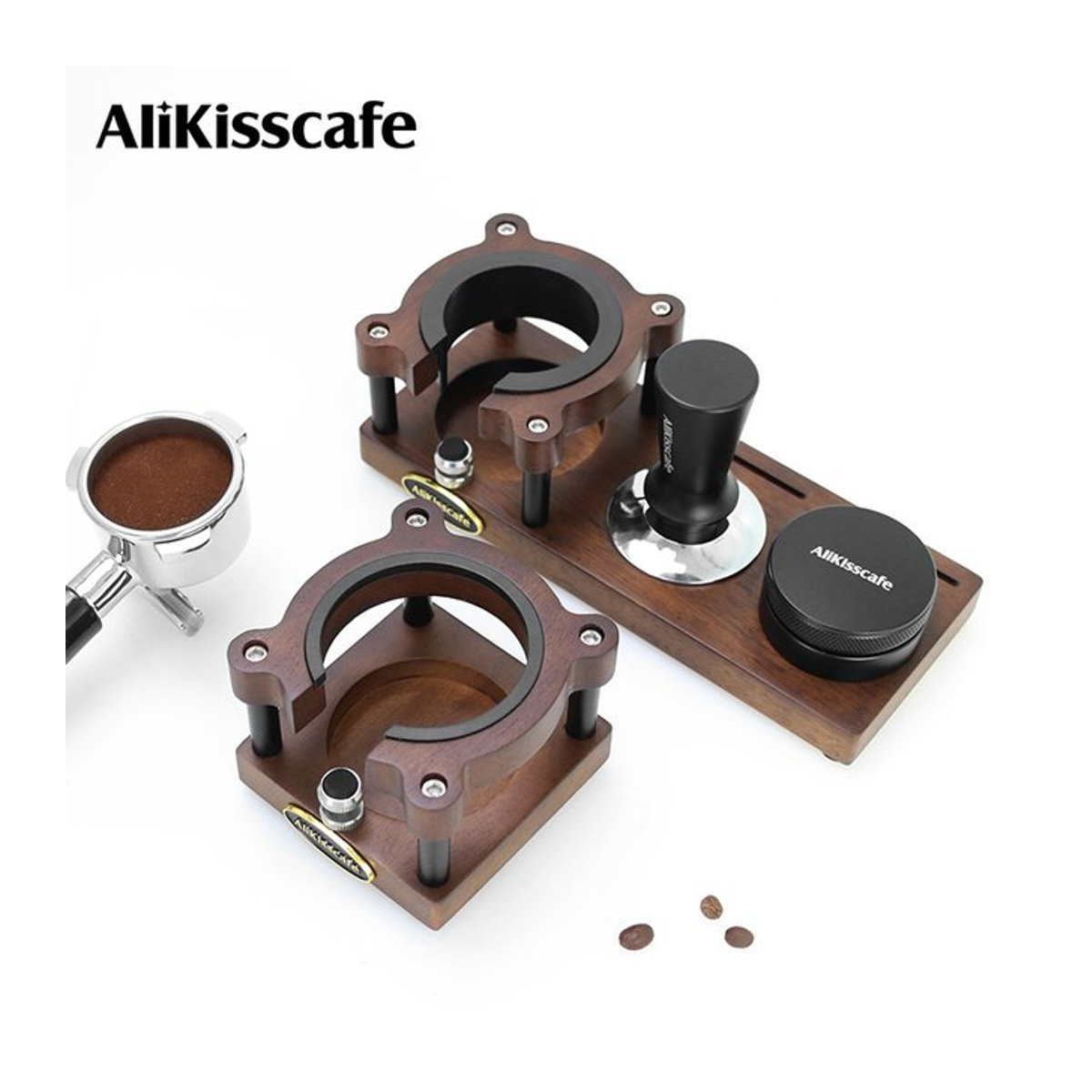 ALIKISSCAFE Kaffee Tamping Station aus Holz in Nussbaum Braun für Siebträger 51mm 54mm 58mm Espresso Zubehör - Bild 1