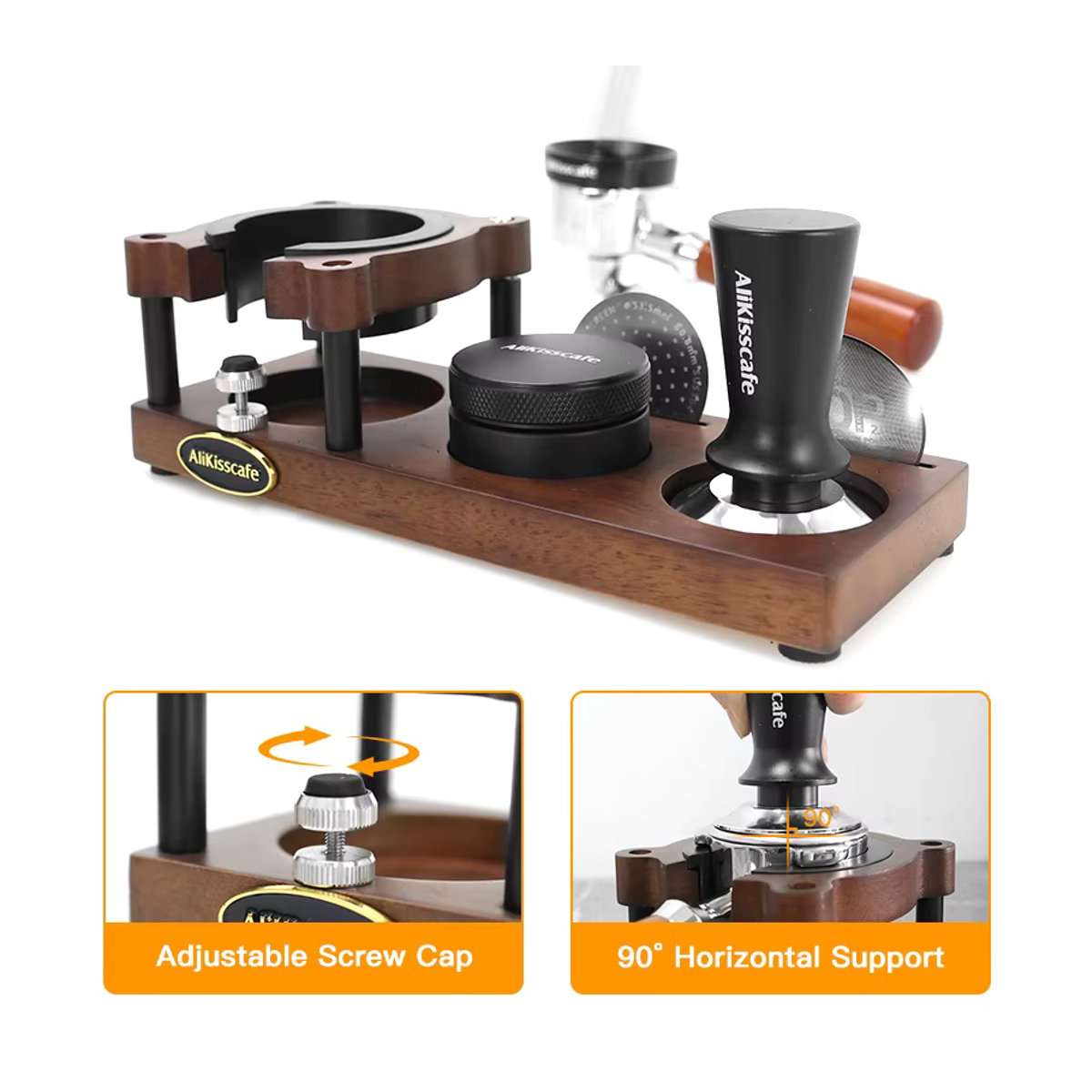 ALIKISSCAFE Kaffee Tamping Station aus Holz in Nussbaum Braun für Siebträger 51mm 54mm 58mm Espresso Zubehör - Bild 3