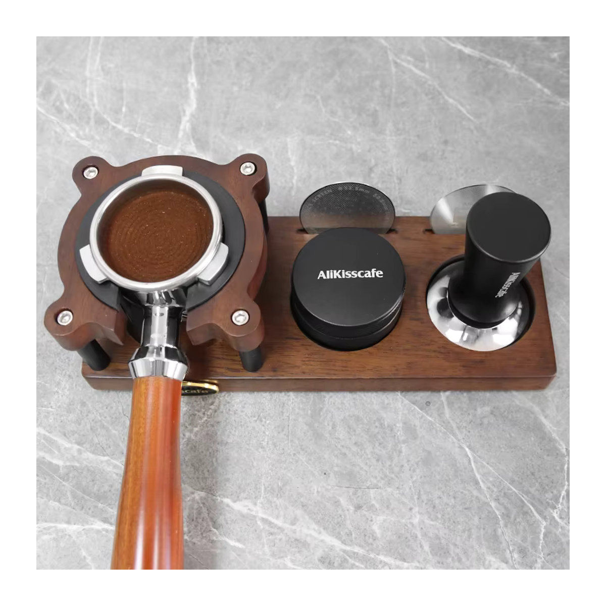 ALIKISSCAFE Kaffee Tamping Station aus Holz in Nussbaum Braun für Siebträger 51mm 54mm 58mm Espresso Zubehör - Bild 5