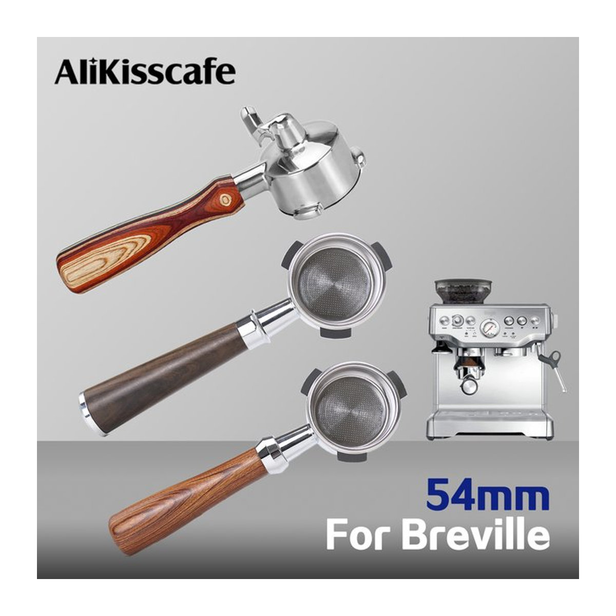 ALIKISSCAFE Nackter Siebträger mit Doppel-Auslauf aus Edelstahl für Breville Sage 870 878 880 Espresso Maschinen, 54 mm - Bild 1