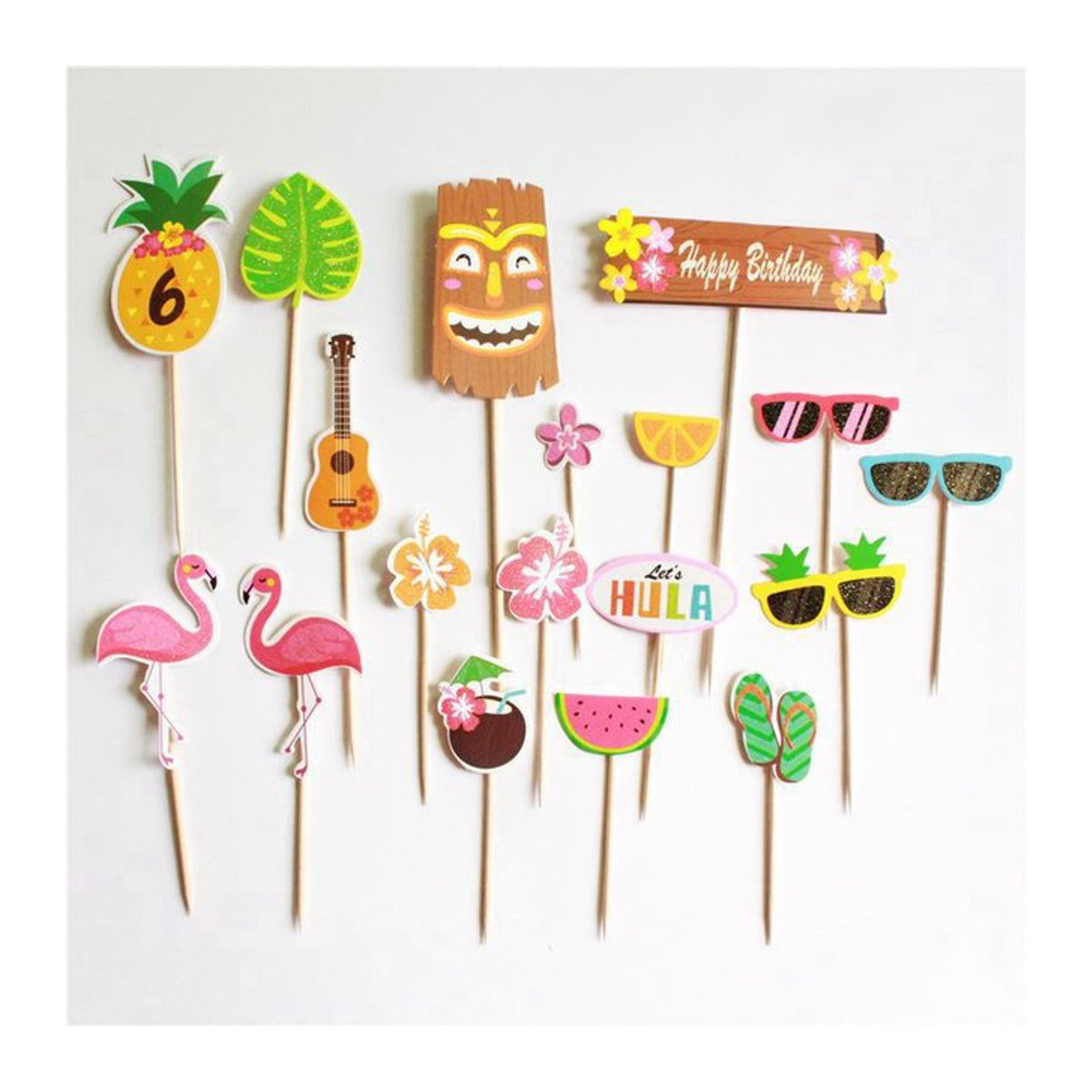 Alivparty Hawaii Deko Set mit Ananas und Flamingo als Aufkleber für Kuchen und Geburtstag im Tropical Sommer Stil, mehrfarbig - Bild 1