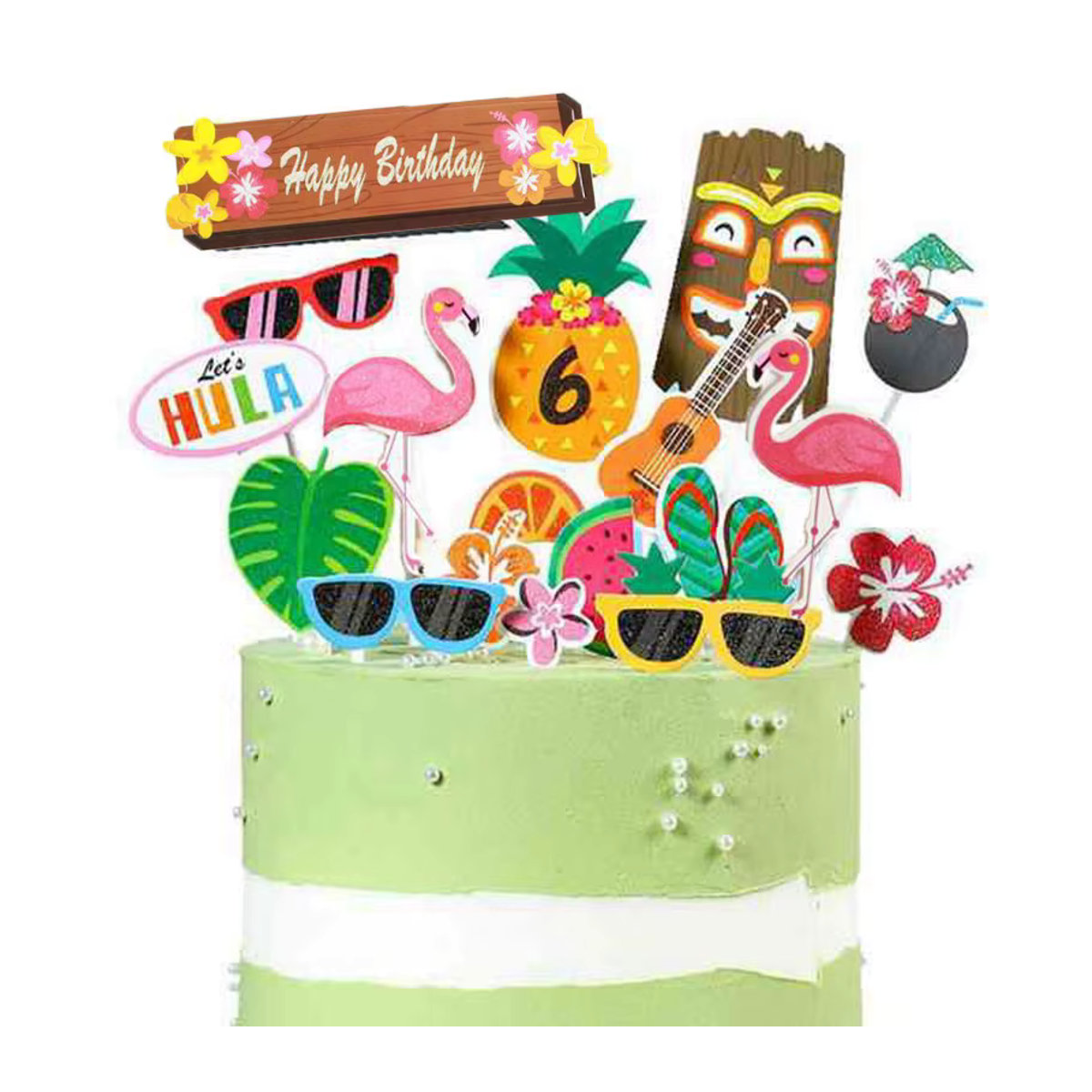 Alivparty Hawaii Deko Set mit Ananas und Flamingo als Aufkleber für Kuchen und Geburtstag im Tropical Sommer Stil, mehrfarbig - Bild 2