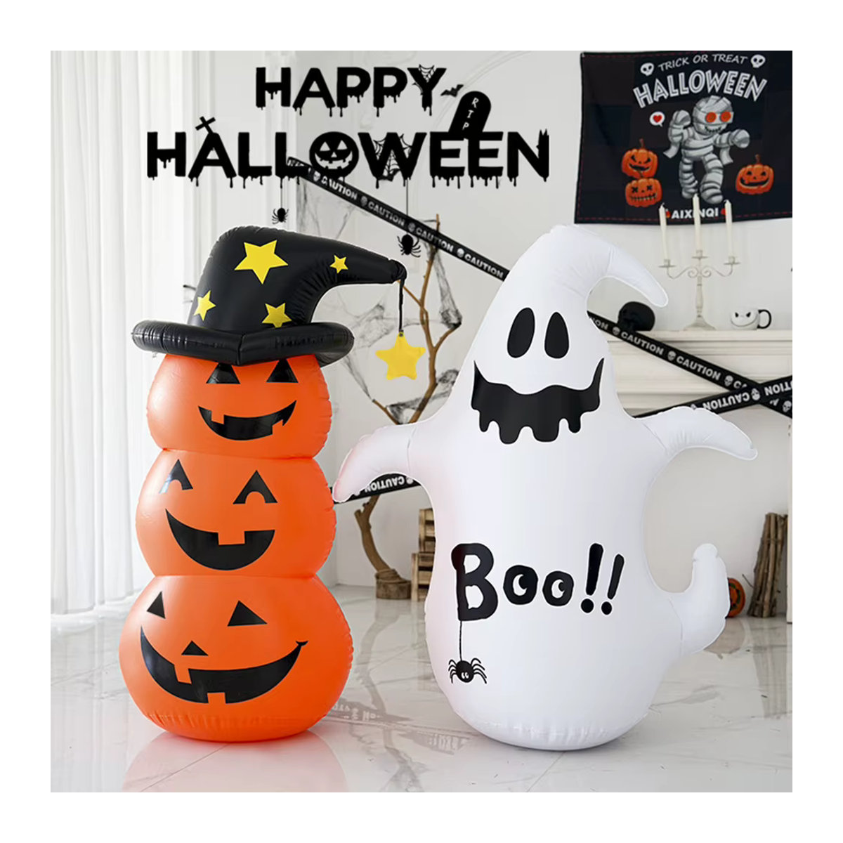Alloet Halloween Aufblasbare Geister und Kürbisse als Horror-Dekoration in Weiß und Gold - Bild 2