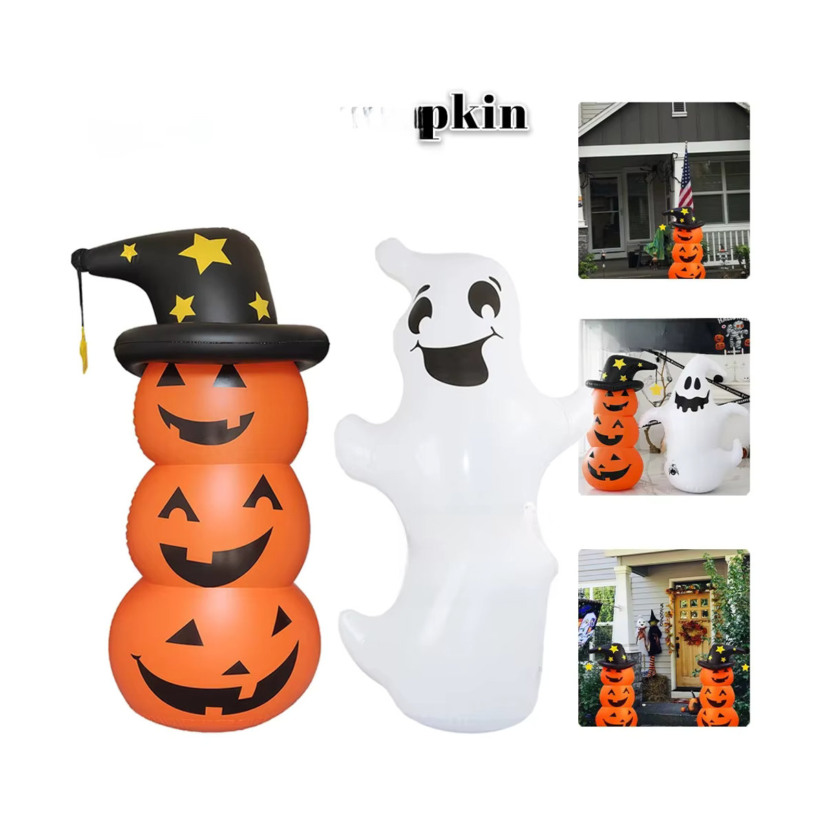 Alloet Halloween Aufblasbare Geister und Kürbisse als Horror-Dekoration in Weiß und Gold - Bild 3