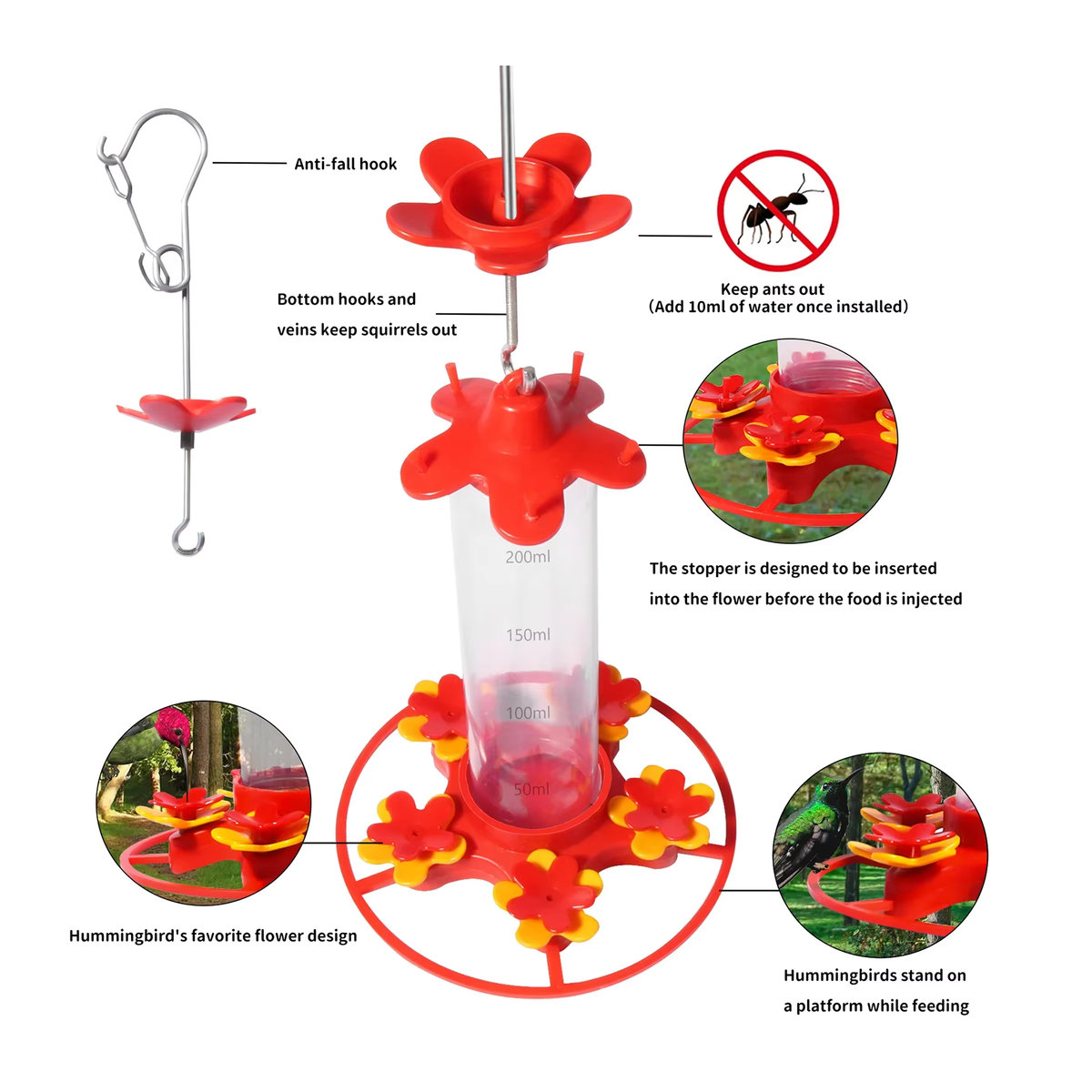 Alloet Kolibri-Wasserspender zum Aufhängen aus Edelstahl und Kunststoff in Rot für den Garten - Bild 5