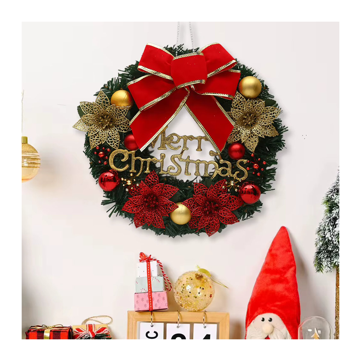 Alloet Weihnachts-Türkranz rund mit Beeren und Blumen, mehrfarbige hängende Girlande aus Kunststoff und Textil, Durchmesser: 35 cm - Bild 2