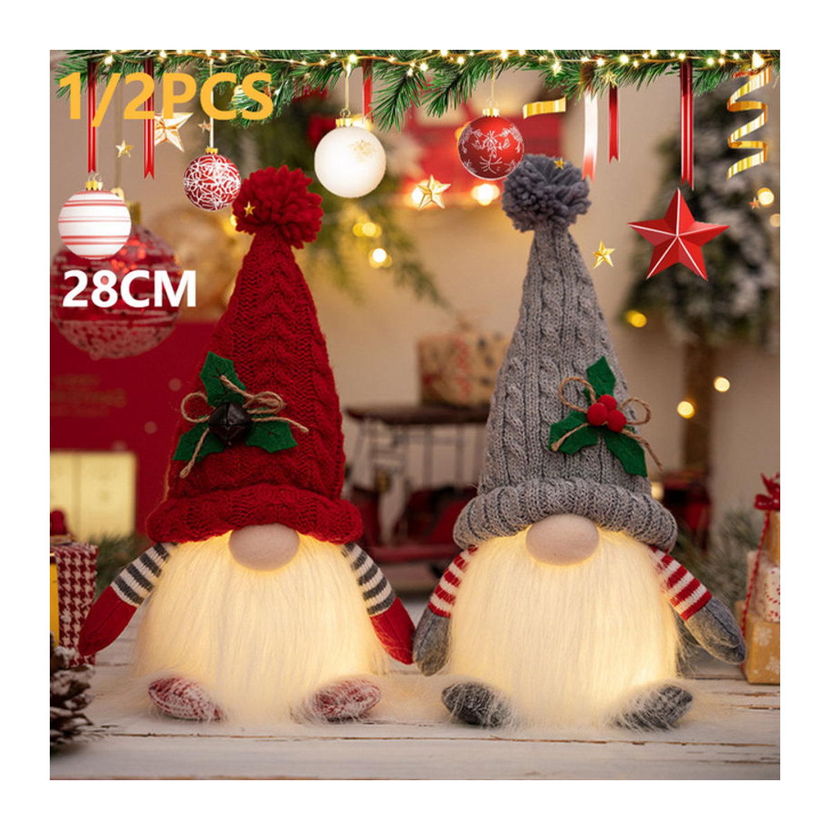 Alloet Weihnachts-Zwerg als leuchtende Plüschpuppe in Rot und Mehrfarbig, Höhe: 28 cm - Bild 1