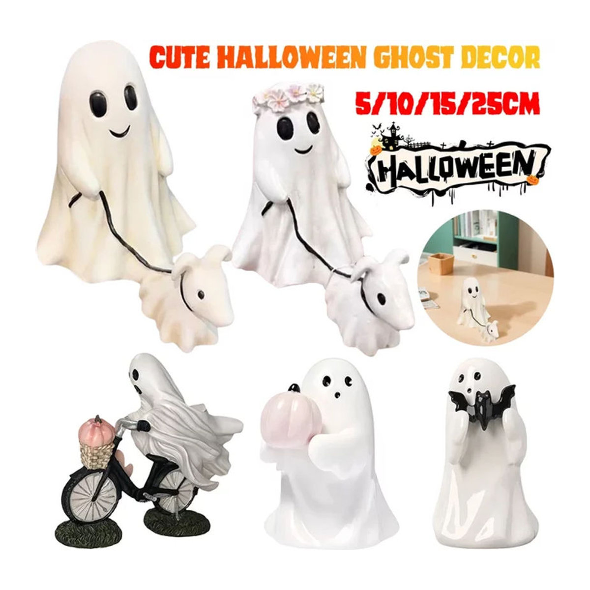 ALLOYSEED Halloween Ghost Walking Dog Statue, handgemachtes Keramik-Ornament in Weiß - Bild 1