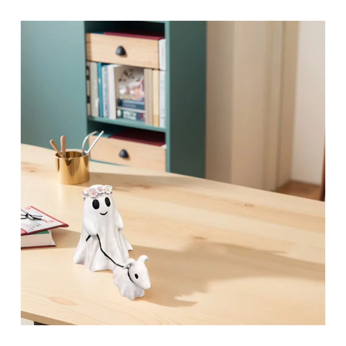 ALLOYSEED Halloween Ghost Walking Dog Statue, handgemachtes Keramik-Ornament in Weiß - Bild 5