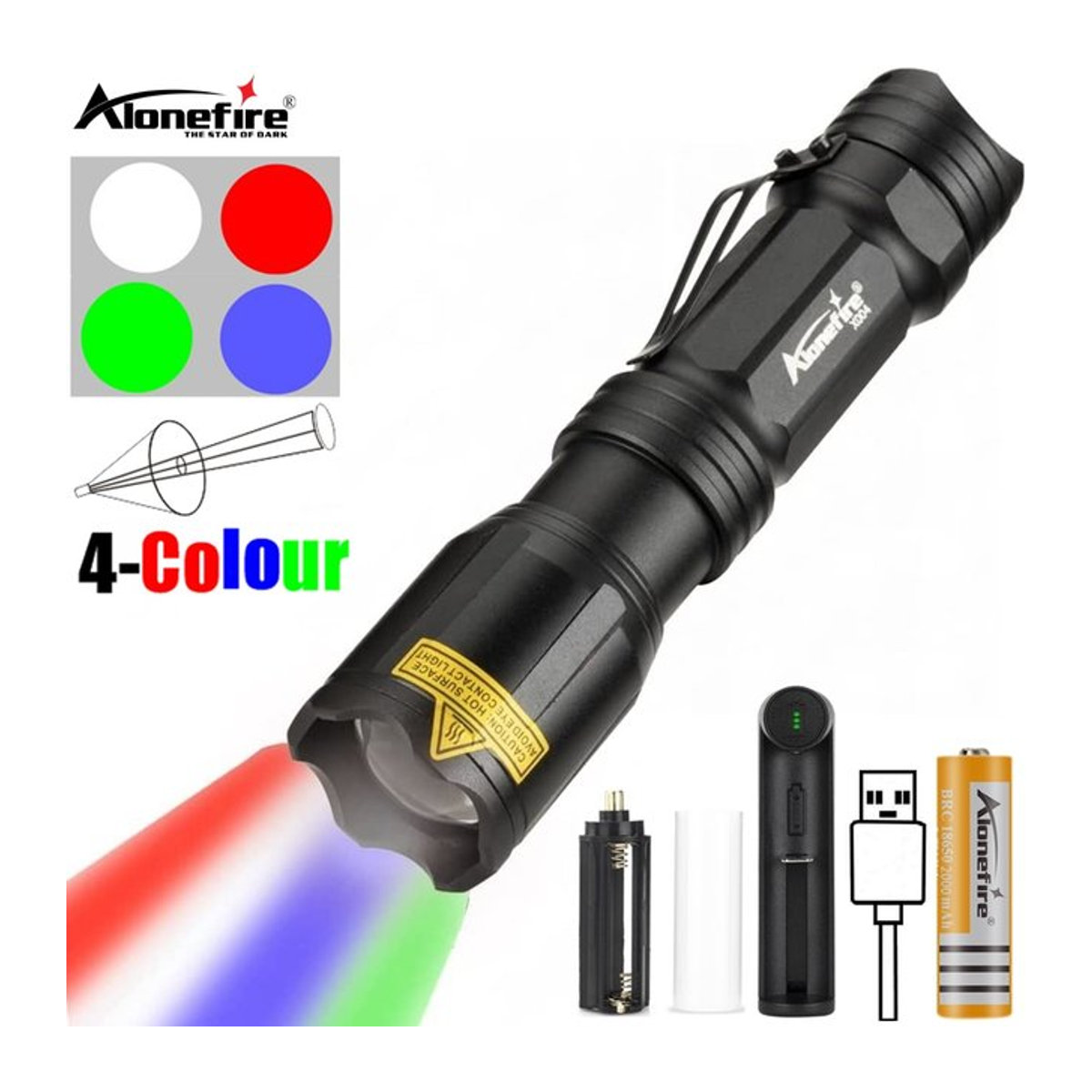 Alonefire LED Taschenlampe mit 4 Farben Weiß, Rot, Grün und Blau für Angeln, Camping, Jagd und Fotografie - Bild 1