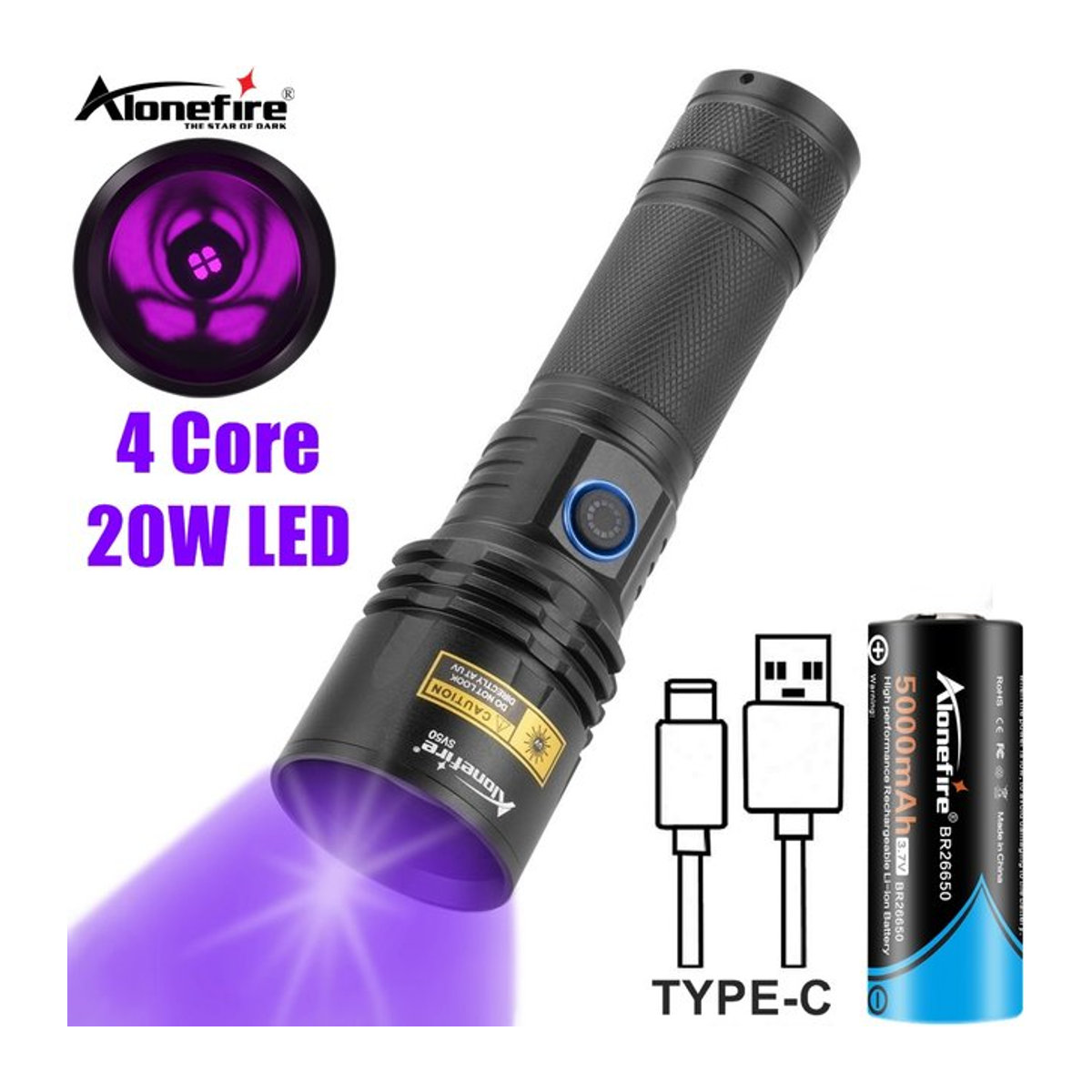 Alonefire SV50 UV Taschenlampe 15W 365nm Ultraviolett Lila Licht mit USB-Anschluss zur Fleckenerkennung - Bild 1
