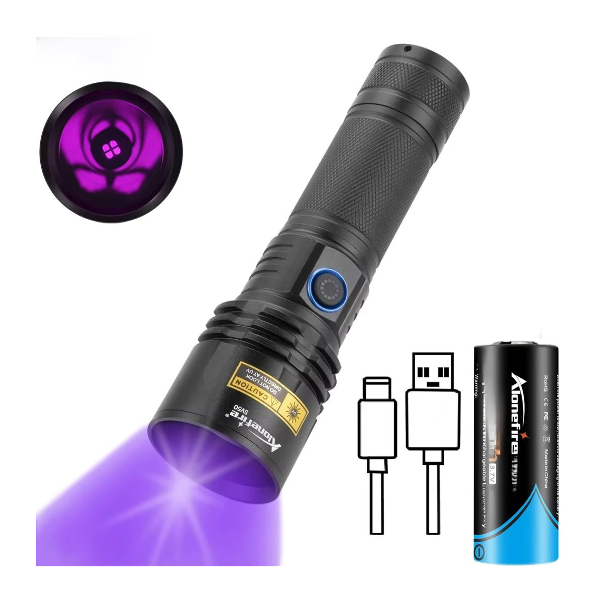 Alonefire SV50 UV Taschenlampe 15W 365nm Ultraviolett Lila Licht mit USB-Anschluss zur Fleckenerkennung - Bild 7