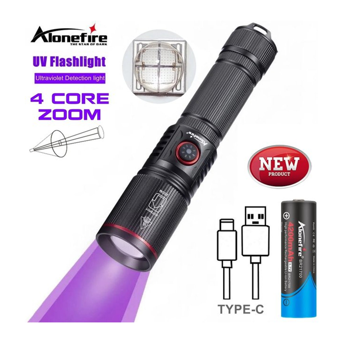Alonefire Zoom 20W LED Hochleistungs-UV-Taschenlampe mit 365/395nm für Fluoreszenz-Untersuchungen von Tinte, Urin und Skorpionen - Bild 1