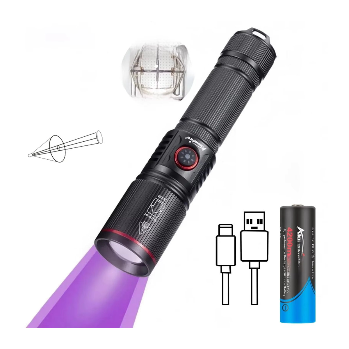 Alonefire Zoom 20W LED Hochleistungs-UV-Taschenlampe mit 365/395nm für Fluoreszenz-Untersuchungen von Tinte, Urin und Skorpionen - Bild 5