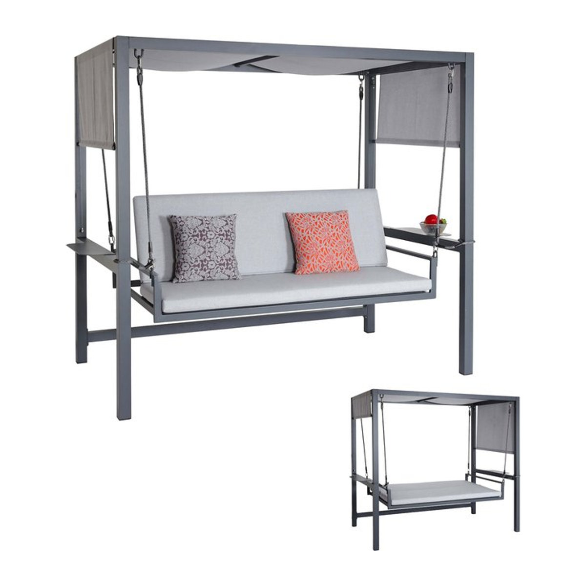 Alu-Hollywoodschaukel MCW-L47 mit Liegefunktion und Textildach in Grau, B/T/H: 195 x 221 x 131 cm - Bild 1