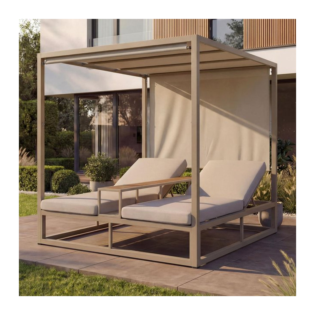 Alu Lounge-Gartenliege MCW Daybed mit 10cm Polster, Farbe Beige, B/T/H: 196 x 165 x 196 cm - Bild 1