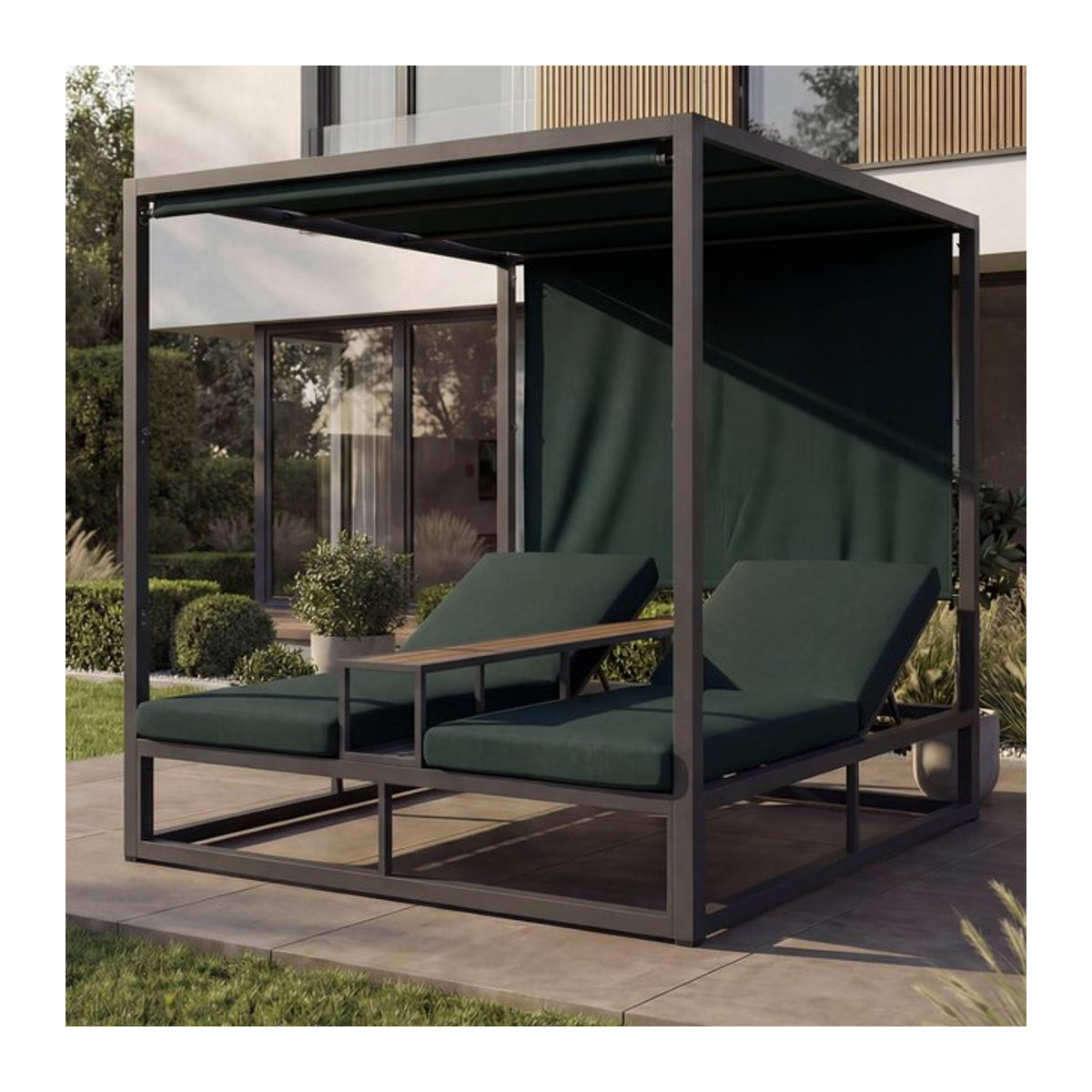 Alu Lounge-Gartenliege MCW-P81 Daybed mit 10cm Polster, dunkelgrau, Polster dunkelgrün, B/T/H: 196 x 165 x 196 cm - Bild 1