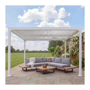 Alu Pergola MCW-L41 Lamellen-Pavillon Terrassenüberdachung aus Aluminium in Weiß mit stabilem Metall-Gestell B: 3,7 m, T: 3 m