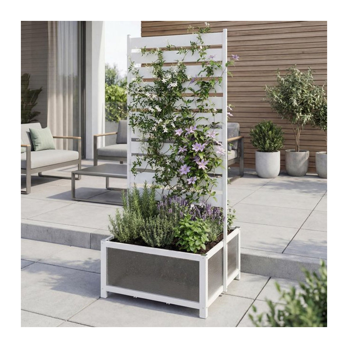 Aluminium Beet mit Rankgitter MCW-P97 als Blumenkasten und Pflanzkübel mit Spalier, Farbe: Weiß, B/T/H: 110 x 60 x 75 cm - Bild 1