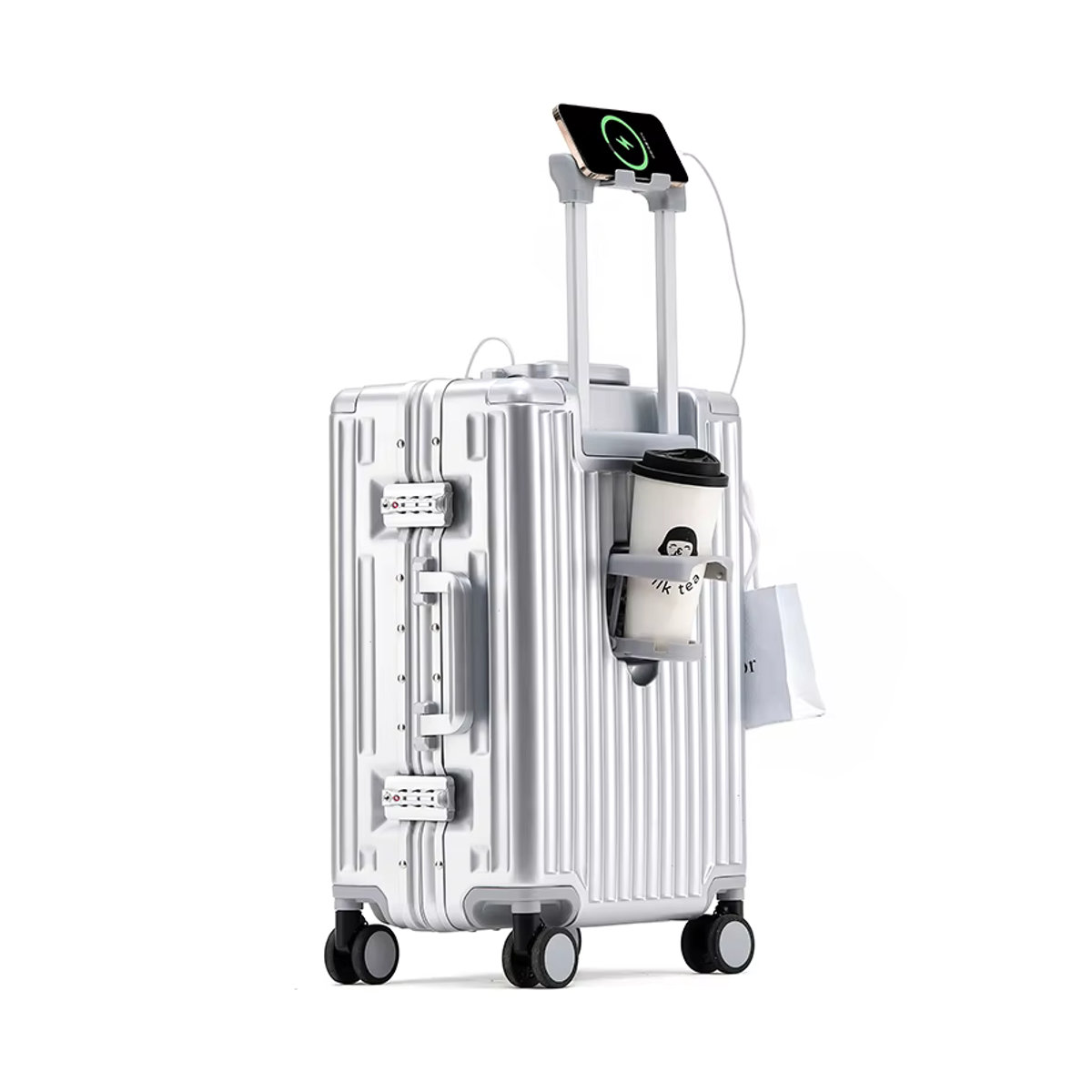Aluminium Computer-Trolley-Koffer 20 Zoll mit USB-Ladefunktion, Getränkehalter und Telefonhalter, Schwarz/Silber/cdblues, Modernes Design - Bild 2