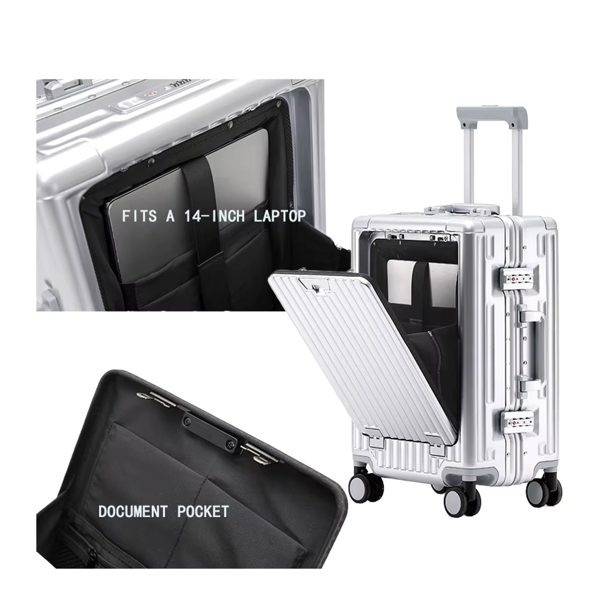 Aluminium Computer-Trolley-Koffer 20 Zoll mit USB-Ladefunktion, Getränkehalter und Telefonhalter, Schwarz/Silber/cdblues, Modernes Design - Bild 4