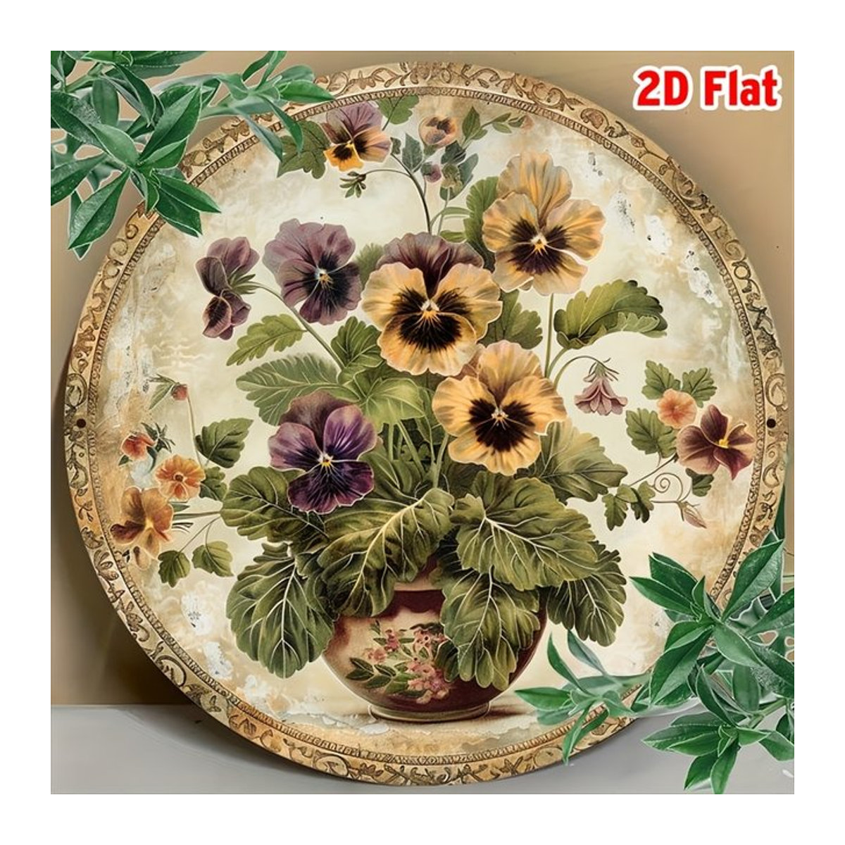 Aluminiumschild Potdemiel mit Vintage-Stiefmütterchen-Motiv, rund, Farbe: Silber/Mehrfarbig, Durchmesser: 20 cm - Bild 1
