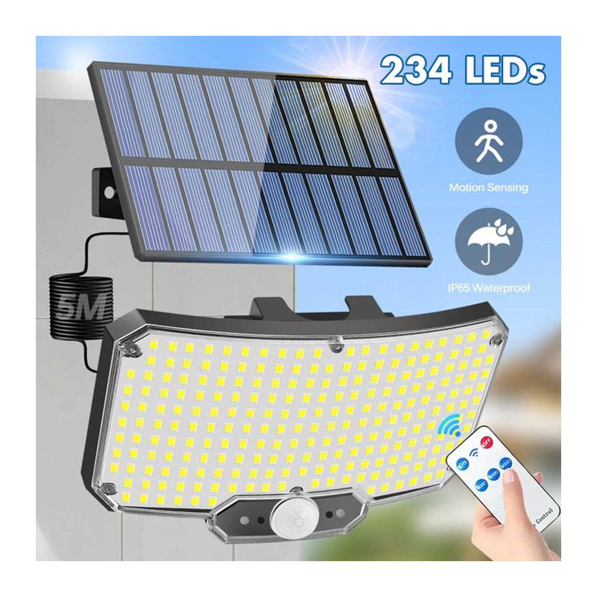 AMARYLLIS Solar-Flutlicht mit 234 LED, Bewegungsmelder und Fernbedienung, IP65 wasserdicht, Schwarz - Bild 1