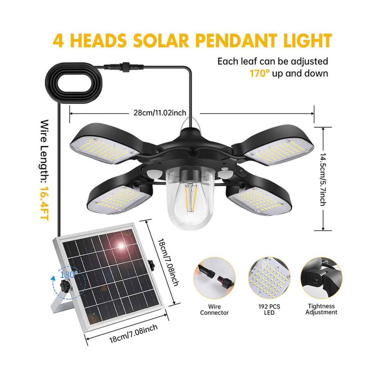 AMARYLLIS Solar-Pendelleuchte mit 192 LED und zwei Bewegungsmeldern, 1000 lm, Schwarz, Landhaus und Industrial Stil - Bild 1