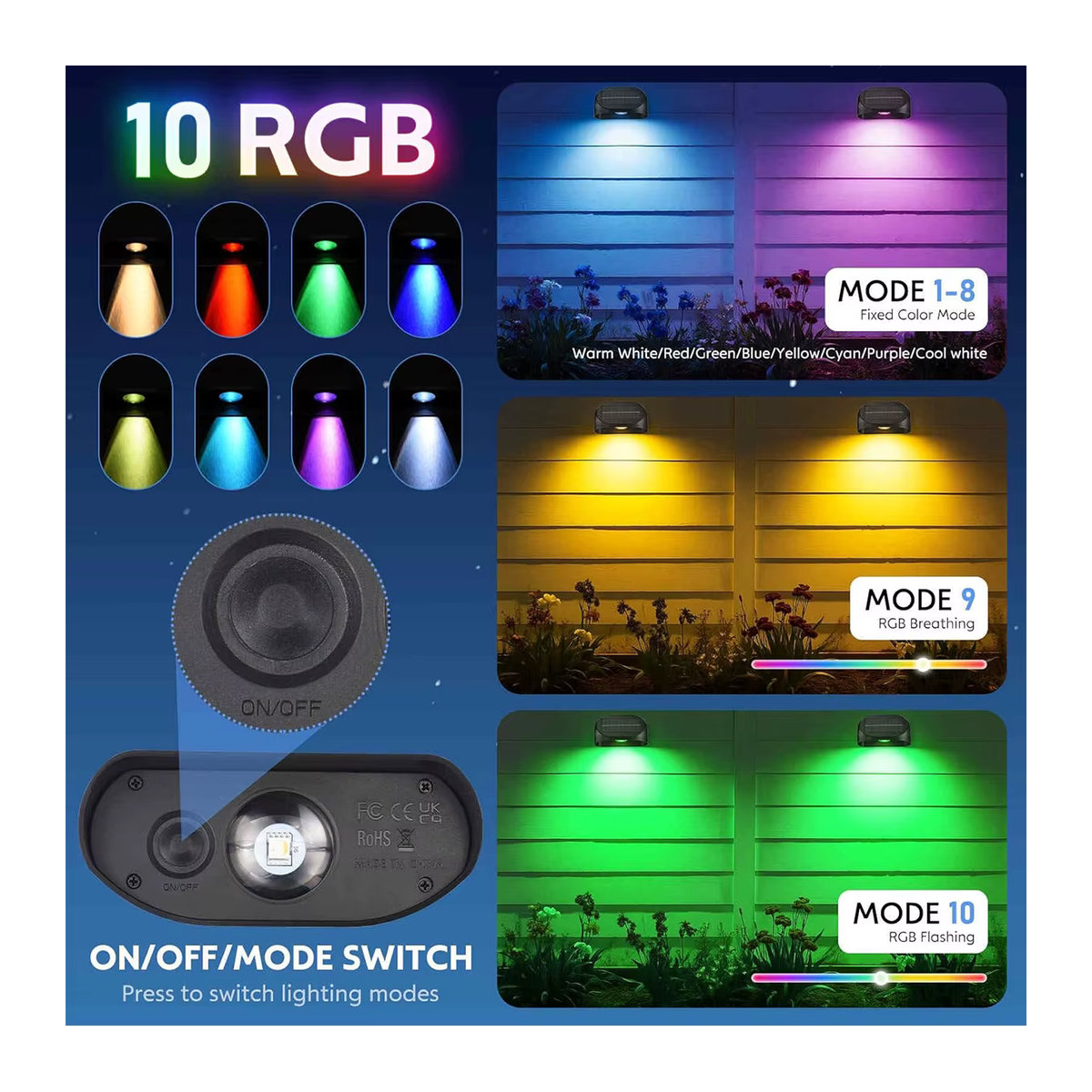 AMARYLLIS Solar-Wandleuchte LED mit RGB-Modi, IP65 Wasserdicht, Schwarz, Modernes Design für Garten und Außenbereich - Bild 4