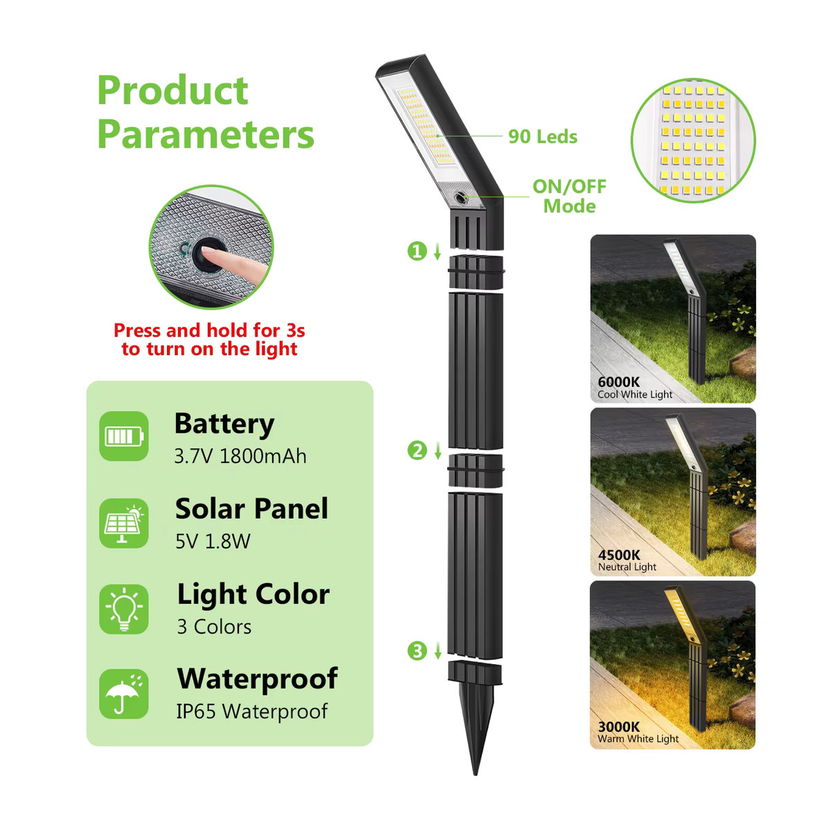 AMARYLLIS Solar-Wegeleuchten Modern Schwarz mit warmweißem und weißem Licht, wasserdichte Solar-Gartenleuchten für den Außenbereich - Bild 4