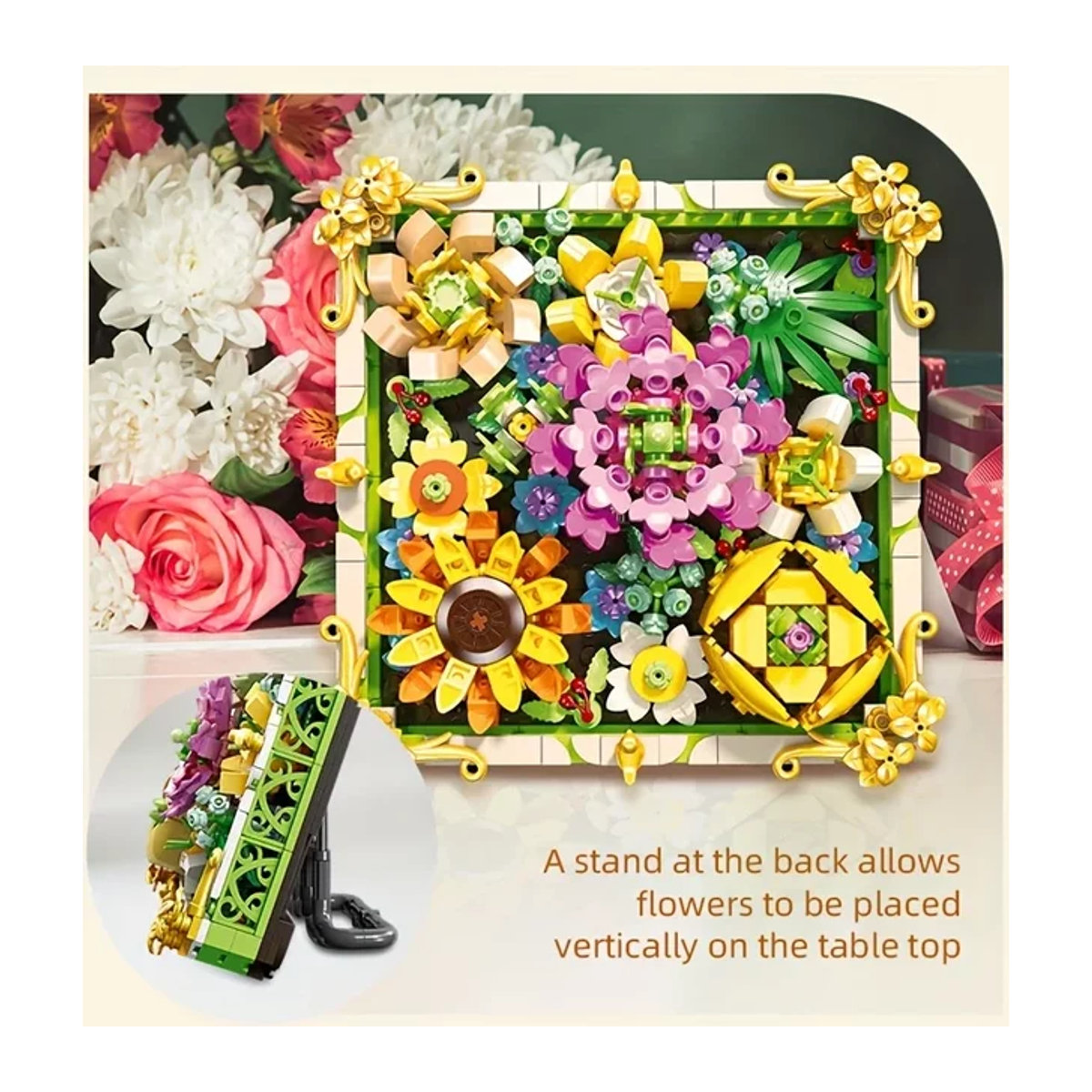 AMAZINGBLOKS 492-teiliger DIY Fotorahmen-Bausatz mit konservierten Blumen als Sonnenblumen-Rosenstrauß-Modell in Mehrfarbig - Bild 1