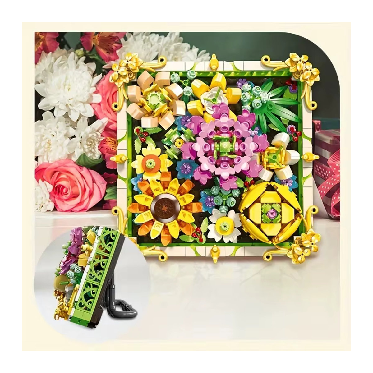 AMAZINGBLOKS 492-teiliger DIY Fotorahmen-Bausatz mit konservierten Blumen als Sonnenblumen-Rosenstrauß-Modell in Mehrfarbig - Bild 6