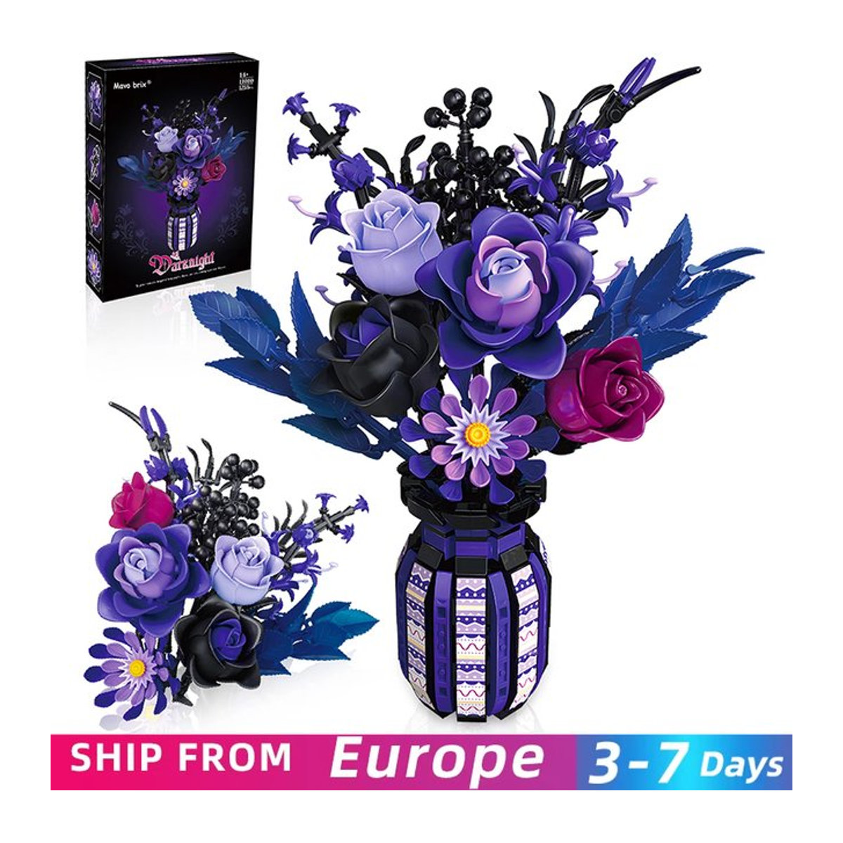 AMAZINGBLOKS Dark Romantik Blume Bausteine Gothic Bouquet mit Vase lila 1218 Teile DIY Modell Set - Bild 1