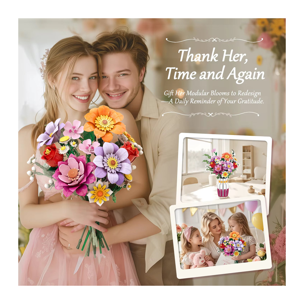 AMAZINGBLOKS Frühling Bouquet Bausteine Set mit Vase als florale Desktop Dekoration für Kinder, 1278 Teile, mehrfarbig - Bild 4