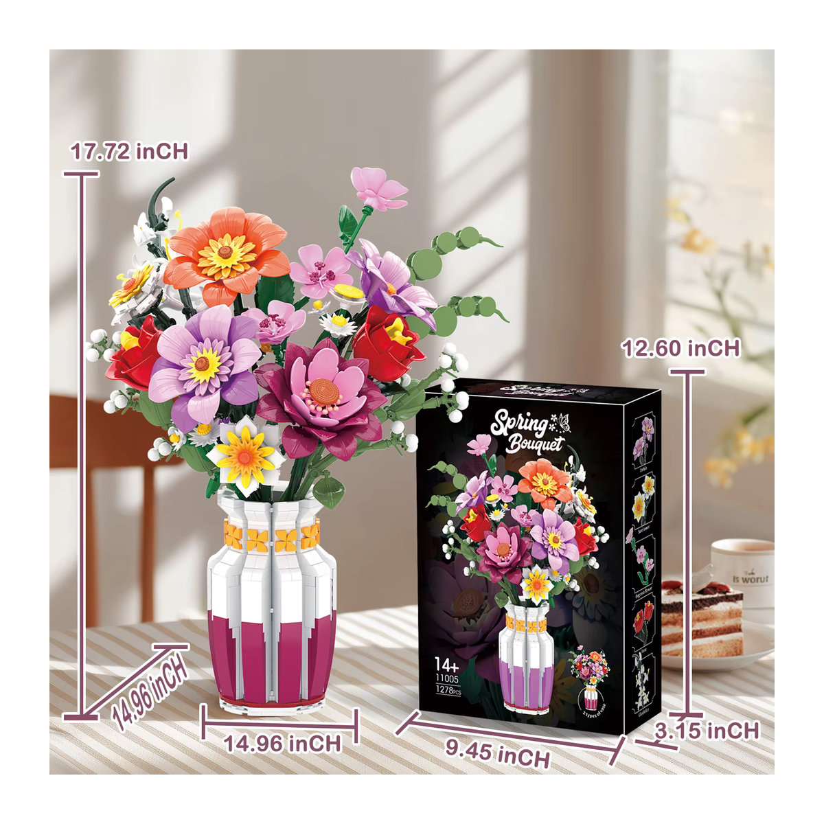 AMAZINGBLOKS Frühling Bouquet Bausteine Set mit Vase als florale Desktop Dekoration für Kinder, 1278 Teile, mehrfarbig - Bild 5