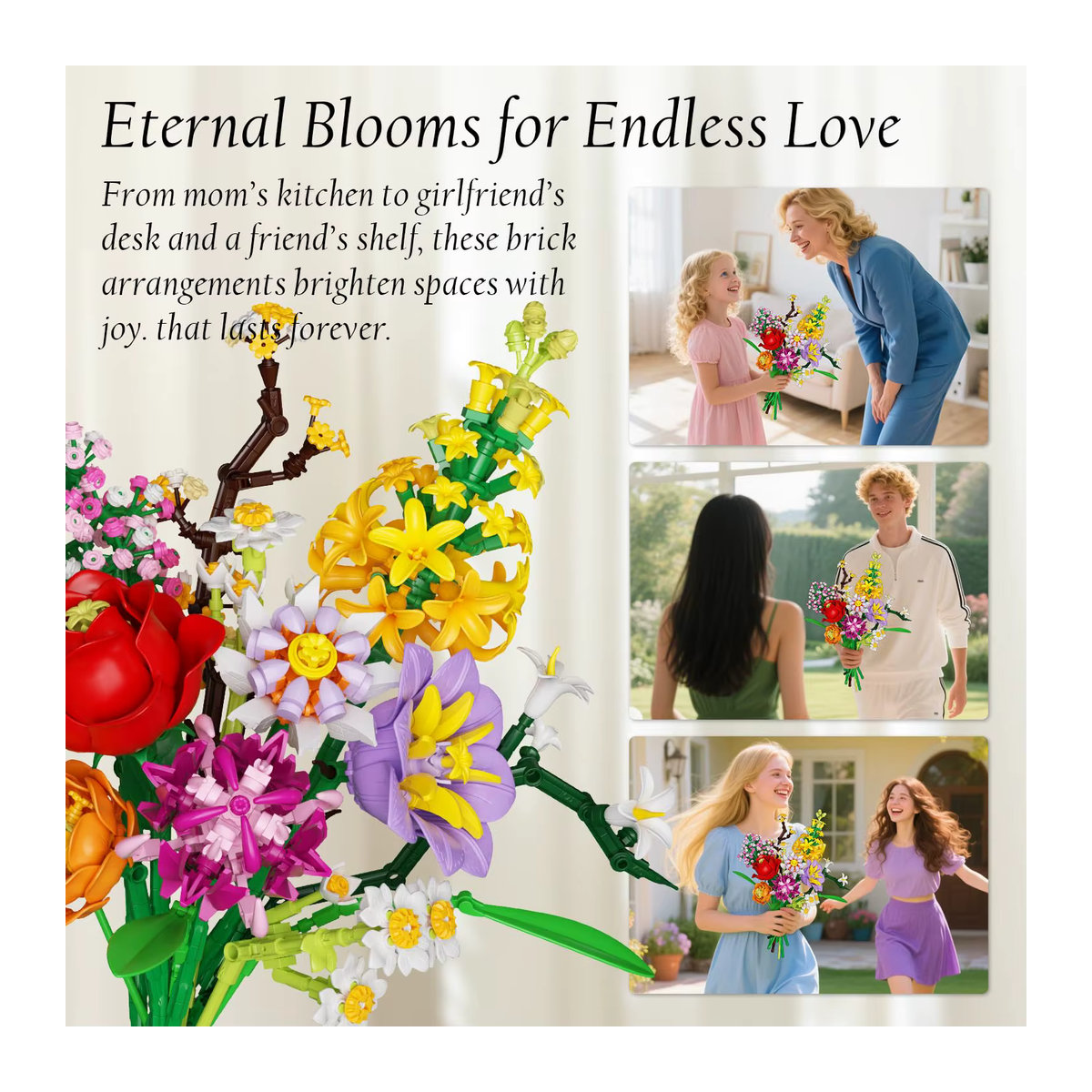 AMAZINGBLOKS Romantischer Blumenstrauß Baukasten mit Rosen, Gänseblümchen und Lilien, 1458-teiliges DIY-Set in Mehrfarbig für Erwachsene - Bild 5